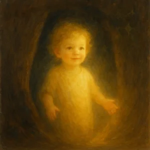 The archetypal Child rises from the fertile darkness, carrying the first spark of wholeness — a reminder that rebirth begins with returning to the most essential part of ourselves.