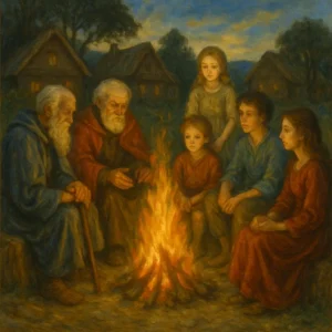 Elders and youth gather around the shared fire, each face illuminated by the warmth of community and continuity. Here, beneath the rising column of light, the lost rituals of belonging are remembered and reborn.